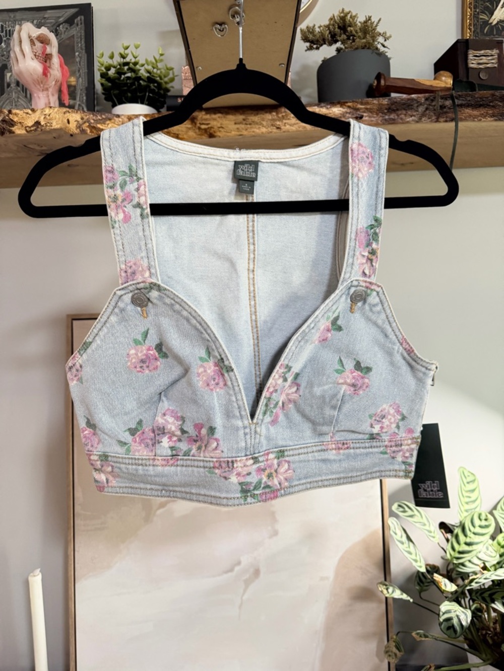NWT Wild Fable Target Pink Floral Printed Denim Crop Top Side Zip
